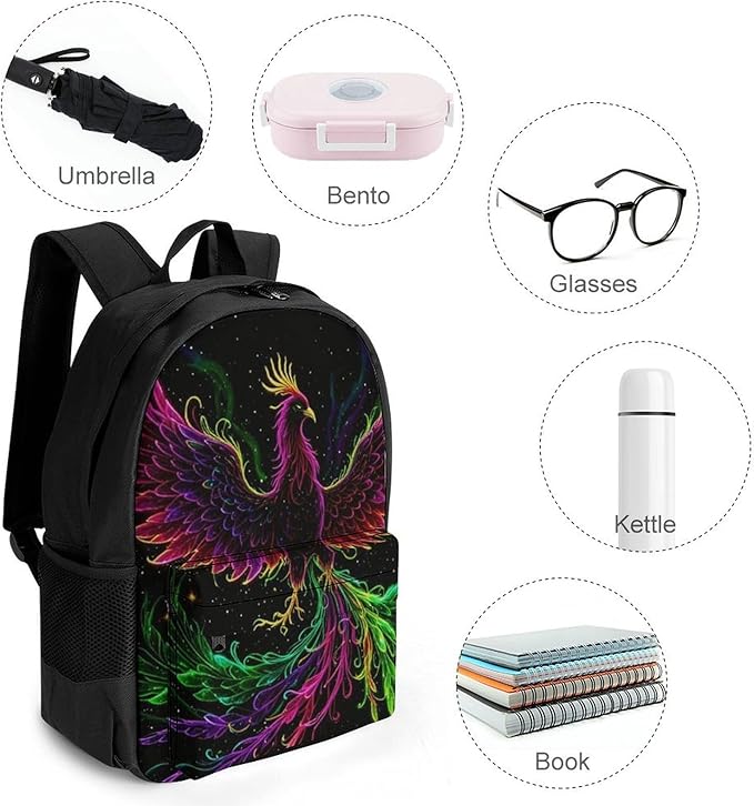 Daypack Bookbag Anti-Theft Multipurpose Large Capacity Bookbag, Colorful Fire Flame Phoenix Black Art Travel Hiking Camping Rucksack With Adjustable Shoulder Straps