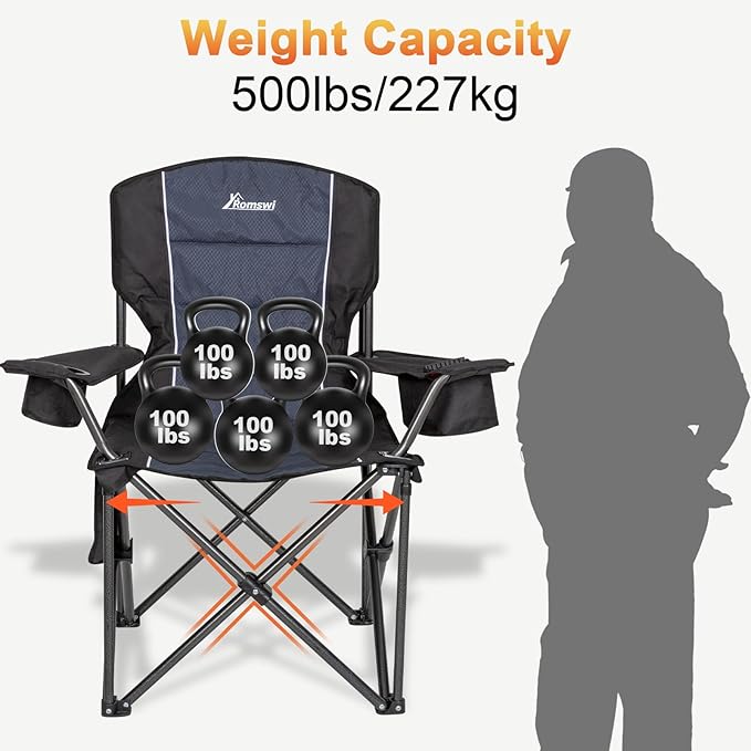Romswi Oversized Camping Chairs,Heavy Duty Support 500 LBS,Padded Back & Arm Sport Chairs, Cup Holder Cooler Bag, Collapsible Folding Chairs for Outdoor, Fishing & Garden, Black,2-Pack