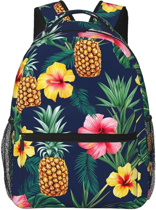Polyester Daypack Backpack for Climbing Outdoors Running, Big Capacity Multipurpose Anti-Theft Bookbag, Hawaiian Flower Party Pineapple Art Travel Hiking Camping Rucksack
