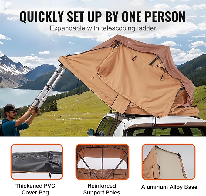VEVOR Rooftop Tent Hard Shell, 2-3 Person Aluminum Roof Top Tent Hardshell with Tri-Color LED Light, Thick Mattress & 1 Window, Waterproof Windproof Overland Camping Car Roof Rack for Jeep SUV Pickup