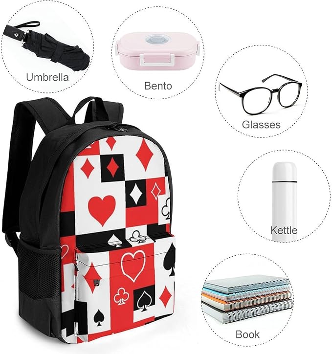 Adults Lightweight Red Black Suits Hearts Diamonds Clubs Spades Poker Playing Cards Shoulder Book Bags Big Capacity Shoulder Bag With Adjustable Shoulder Straps for Trekking Work Walking Cycling