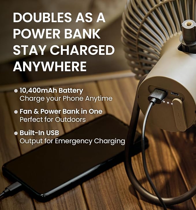 Claymore V1040 Black Rechargeable Portable Fan – 10,400mAh Power Bank Function Remote Control 4-Speed Quiet BLDC Air Circulator USB-C Charging 23 Hrs Runtime for Camping, Indoor, Outdoor