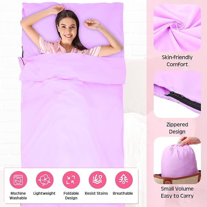 2 Pack Sleeping Bag Liner Portable Polyester Microfiber Adult Sleep Sack with Pocket Bag Travel Self Tan Sheets for Hotel Summer Camping Hiking Business Outdoor Indoor