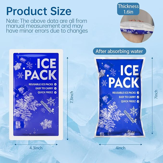 Dry Ice Packs for Shipping,Ice Packs for Lunch Boxes & Coolers,4.3x7.3in Long-Lasting Water Absorption Cold Packs,Food & Drinks Cooler Packs for Insulated Bags, Picnic, Travel,Camping