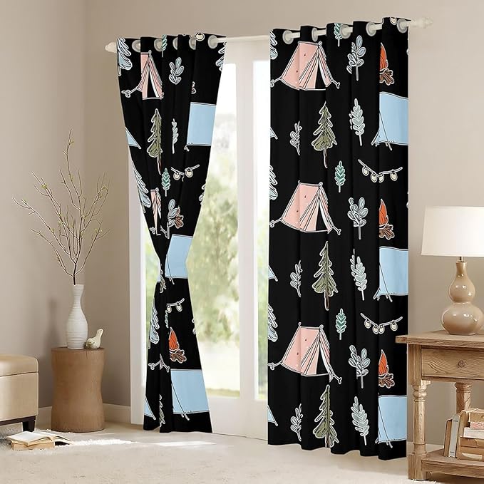 Feelyou Cute Black Camping Camper Curtains for Bedroom Living Room Campfire Tent Blackout Darkening Drapes Happy Camping Window Treatments, 2 Panels 42 x 63 Inch Room Decor