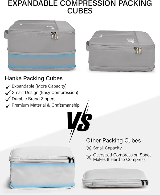 Hanke 7 Piece Expandable Compression Packing Cubes, Premium Travel Packing Organizers for Suitcases/Carry On, Luggage Organizer Bags with Breathable Mesh & Label,Light Grey