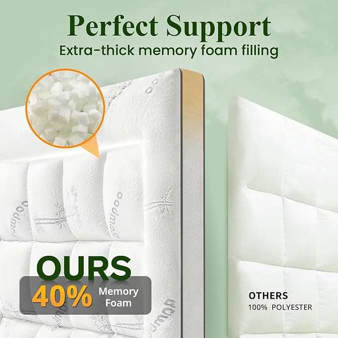 Memory Foam Mattress Topper - Viscose Made from Bamboo Pillow Top Thick Twin XL Size Mattress Pad for Back Pain, Ultra Soft & Cooling for Hot Sleepers, 6-18'' Deep Pocket, White
