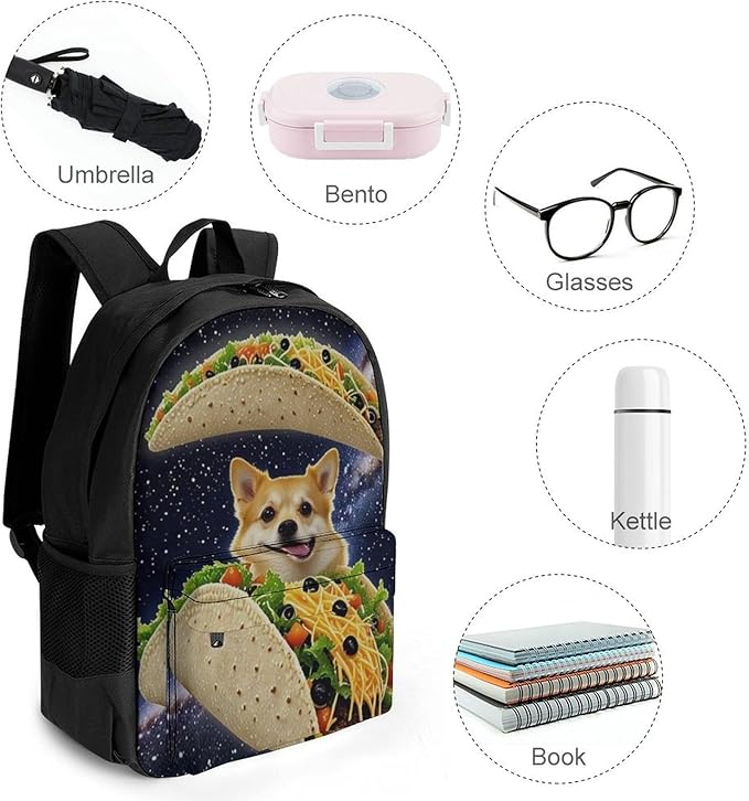 Men Women Polyester Space Funny Corgi Dog Pizza Taco Daypack Big Capacity Shoulder Bag With Adjustable Shoulder Straps for Camping Travel Walking Cycling