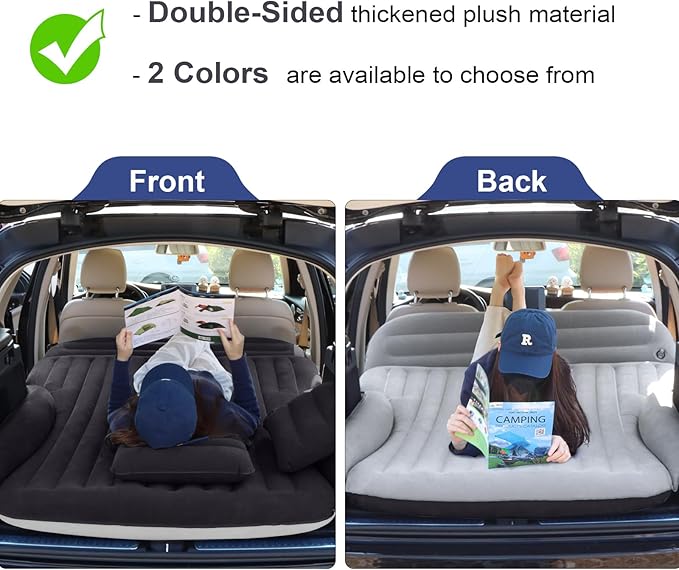 SUV Air Mattress, Double-Sided Thick Flocked Car Air Mattress with Built-in Pump & Pillow, Complete Sleeping Accessories for Auto Camping & Road Trips（Blue Black）