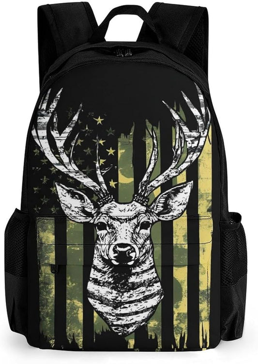 Lightweight Rucksacks for Camping Picnic Walking Cycling, Large Capacity Multipurpose Anti-Theft Carry On Bag, Camouflage American Flag Hunting Camo Deer Black Travel Hiking Camping Rucksack