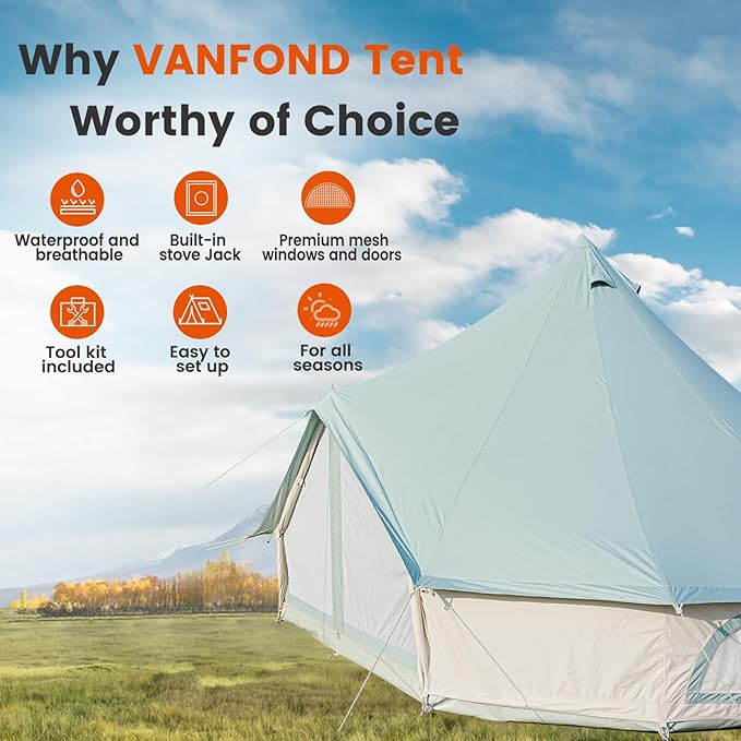 Canvas Bell Tent - 4 Seasons Glamping Tent with Stove Jack for Family Camping - Waterproof