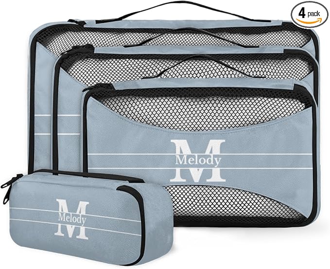 Personalized Name 4 Set Packing Cubes Luggage Packing Organizers Travel Accessories for Women Girls, Light Steel Blue with Initial Letter