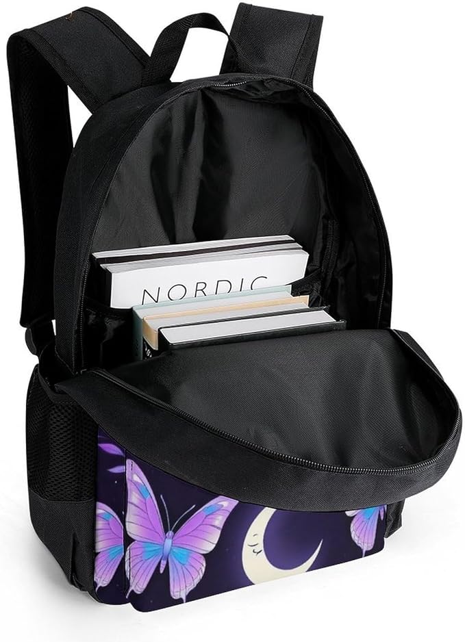 Polyester Daypack Backpack for Sports Travel Running, Big Capacity Anti-Theft Multipurpose Carry On Bag, Magic Moon Moth Mystical Goth Astrology Art Laptop Book Bag Rucksack