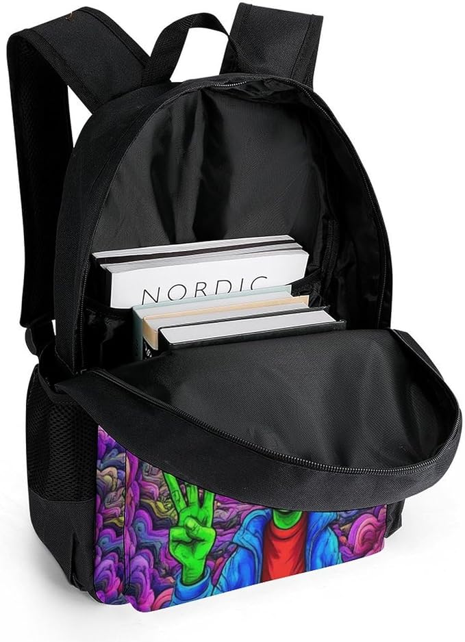 Backpack Polyester Multipurpose Anti-Theft Trippy Space Alien Marijuanaweed Art Shoulder Bag Big Capacity Gym Outdoor Hiking Backpack With Padded Straps