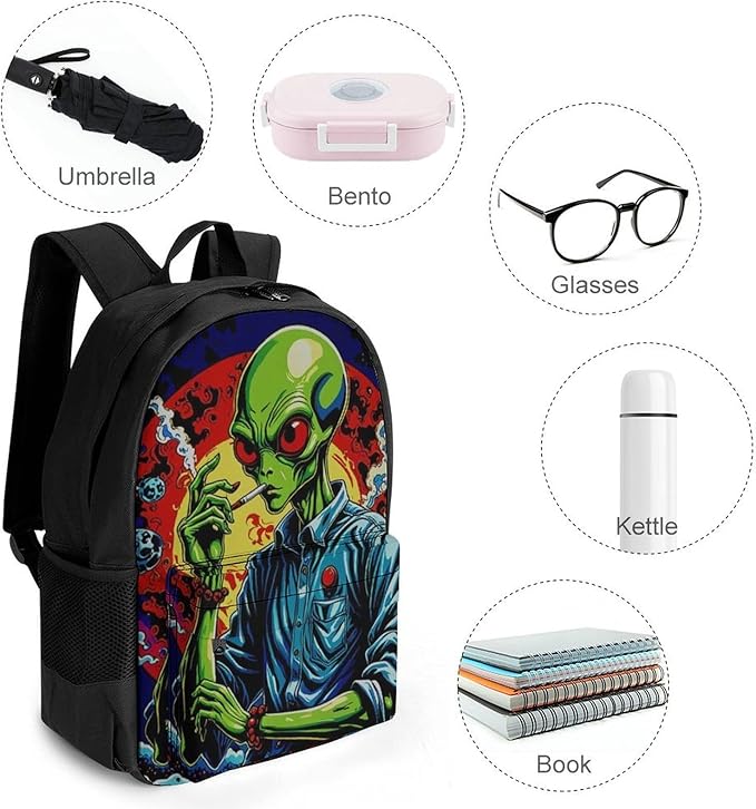 Men Women Polyester Psychedelic Space Alien Smoking Art Backpack Large Capacity Bookbag With Smooth Zippers for Climbing Picnic Bicycle