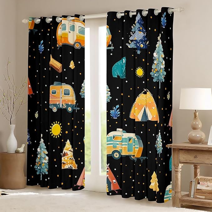 Feelyou Adventure Camping Curtains for Bedroom Living Room Camper Picnic Blackout Darkening Drapes Happy Camping Black Window Treatments, 2 Panels 52 x 84 Inch Room Decor