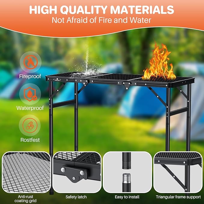 FUNYKICH 3ft Folding Grill Table for Outside 35.4''x15.7'', Max Height 29.4'' Portable Camping Tables, 3 Height Adjustable Lightweight Metal BBQ Table with Carry Handle for Camping, Picnic, BBQ, Black