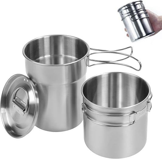 Foldable Camping Cups Mugs Camping Pot Cookware 304-Food-Grade Outdoor Camp Cooking Set with Vented lid,Stainless Steel Backpacking Cookware for Hunting