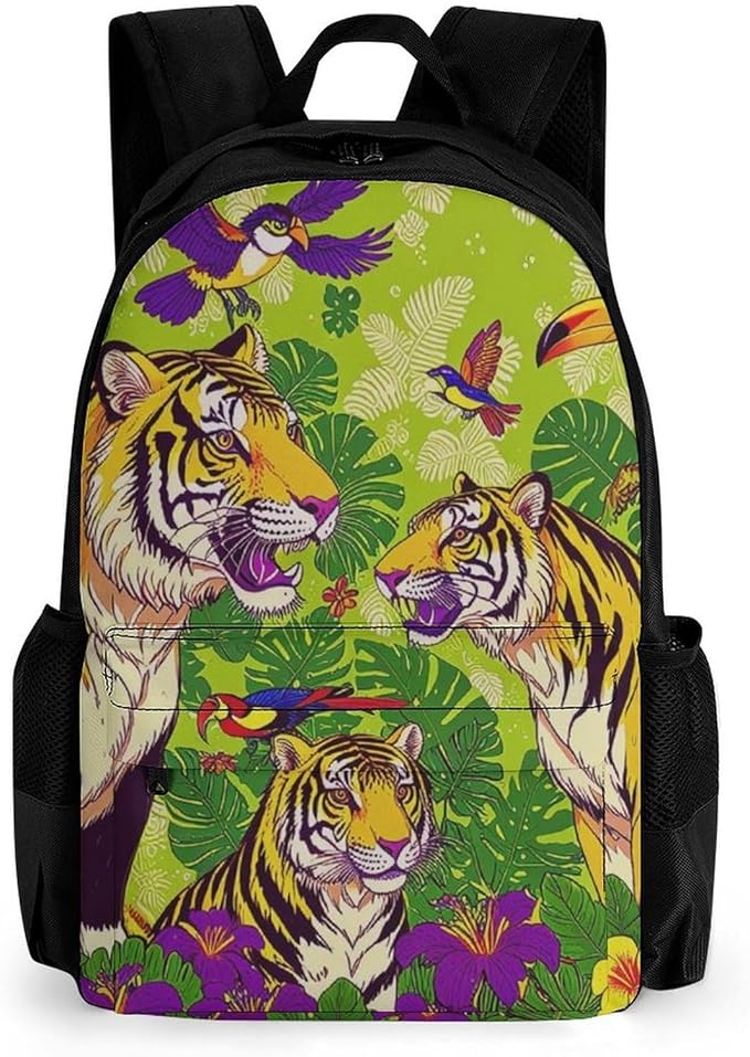 Supdreamc Daypack Backpack Polyester Anti-Theft Multipurpose Tropical Floral Wild Animals Tigers Parrot Green Bookbag Big Capacity Travel Hiking Camping Rucksack With Smooth Zippers