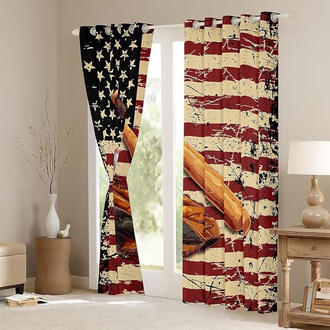 Manfei Baseball Blackout Curtains Vintage American Flag Window Drapes,Ball Sports Gaming Theme Window Treatments,Kids Boys Girls Room Decor,Grommet Top 2 Panel Set Bedroom Curtains, 38Wx54L inch