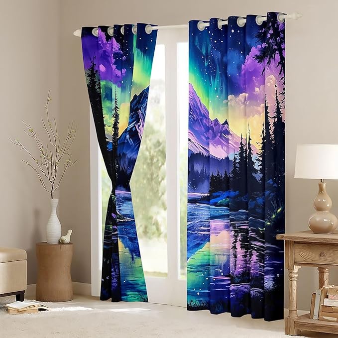 Manfei Northern Lights Blackout Curtains,North Pole Pine Tree Lake River Boys Girls Room Decor,Mountain Rainbow Starry Sky Nature Window Drapes,Blue Purple 2 Panels,52Wx96L inch