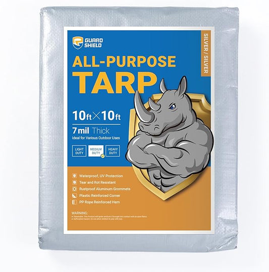 GUARD SHIELD Silver Tarp Waterproof 10x10 Feet Medium Duty All Purpose Poly Tarps Cover 7mil