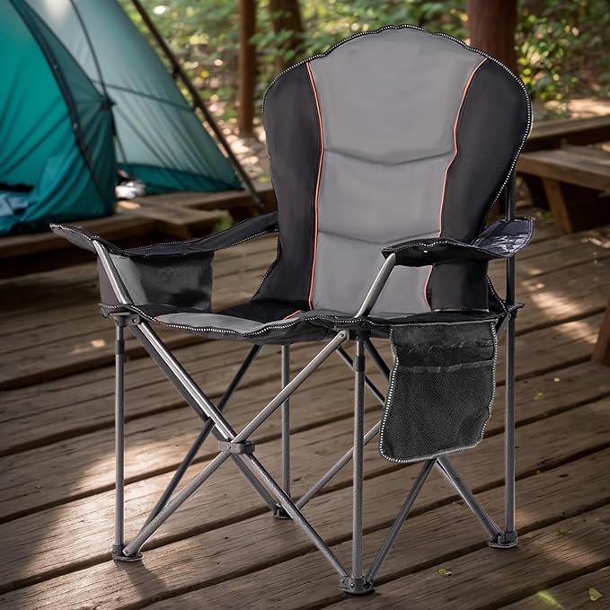 Camping Chair Oversized Folding Outdoor Camping Chair with Cooler Bag, Cup Holder & Waterproof Phone Case, Portable for Hiking/Beach,500LB (Black & Light Gray)