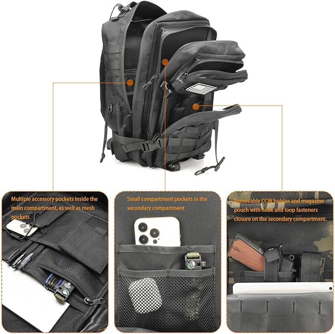 Tactical Gun Backpack for Men, 45L Military Backpack with Holster of Handguns, Bug Out Bag Army Molle Daypack 3-Day Pack W.Side Pocket for Gym Camping Hiking Trekking(Black)