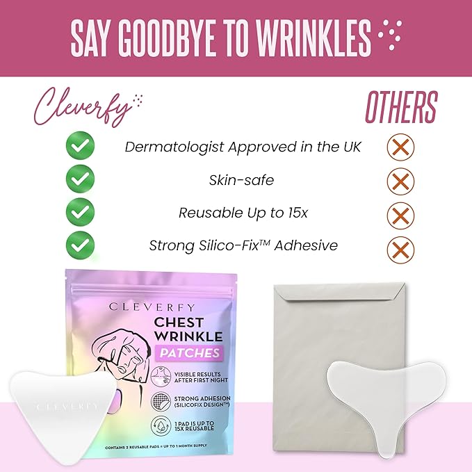 CLEVERFY Silicone Chest Wrinkle Patches for Side Sleeping – Reusable Décolleté Anti-Wrinkle Chest Pads for Overnight Line Prevention (2 Pack, V-Shape)