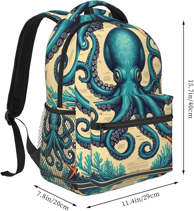 Men Women Polyester Retro Octopus Art Daypack Bookbag Big Capacity Shoulder Bag With Padded Straps for Climbing Travel Walking Cycling