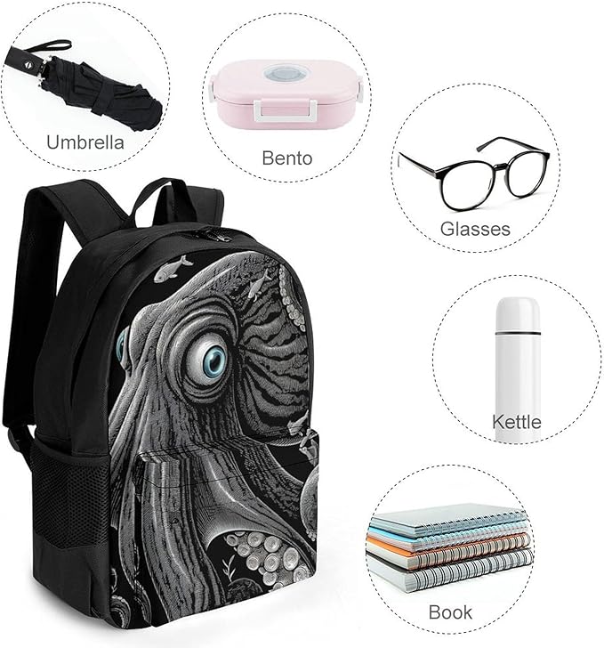 Supdreamc Polyester Daypack for Hiking Work Running, Big Capacity Anti-Theft Multipurpose Shoulder Bag, Giant Squid Octopus Art Travel and Sport Backpack Rucksack