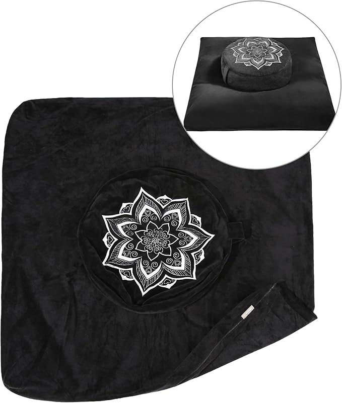Meditation Zafu Cushion Set with Buckwheat Hulls & Memory Foam - Ergonomic Support for Yoga & Sitting - Removable Machine-Washable Luxury Velvet Cover - for Adults and Kids (Black（COVER ONLY))