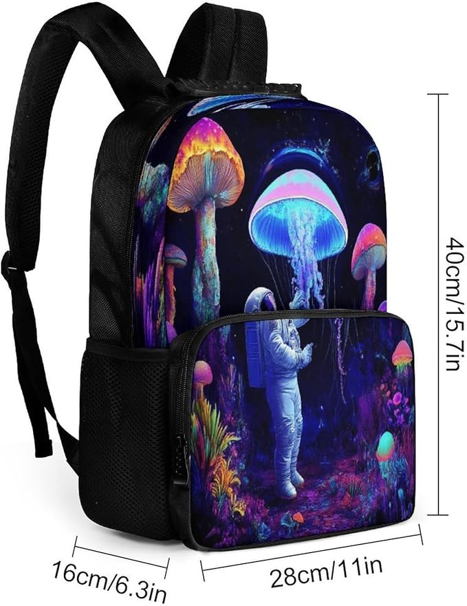 Men Women Polyester Underwater Neon Jellyfish Astronauts Mushroom Art Daypack Backpack Large Capacity Carry On Bag With Smooth Zippers for Hiking Picnic Walking Cycling