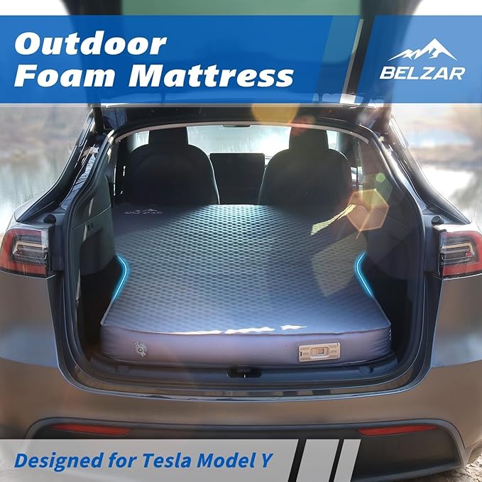 BELZAR Tesla Model Y Mattress with Built-in Cordless Pump, 4" Thick Full Size Memory Foam, Self Inflating Sleeping Pad for Camping, SUV Air Mattress and Road Trips
