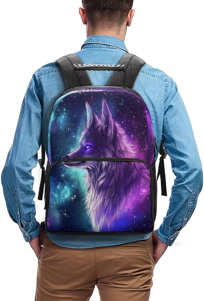 Rucksack Polyester Anti-Theft Multipurpose Purple Universe Space Galaxy Magic Wolf Art Carry On Bag Large Capacity Travel and Sport Backpack Rucksack With Smooth Zippers
