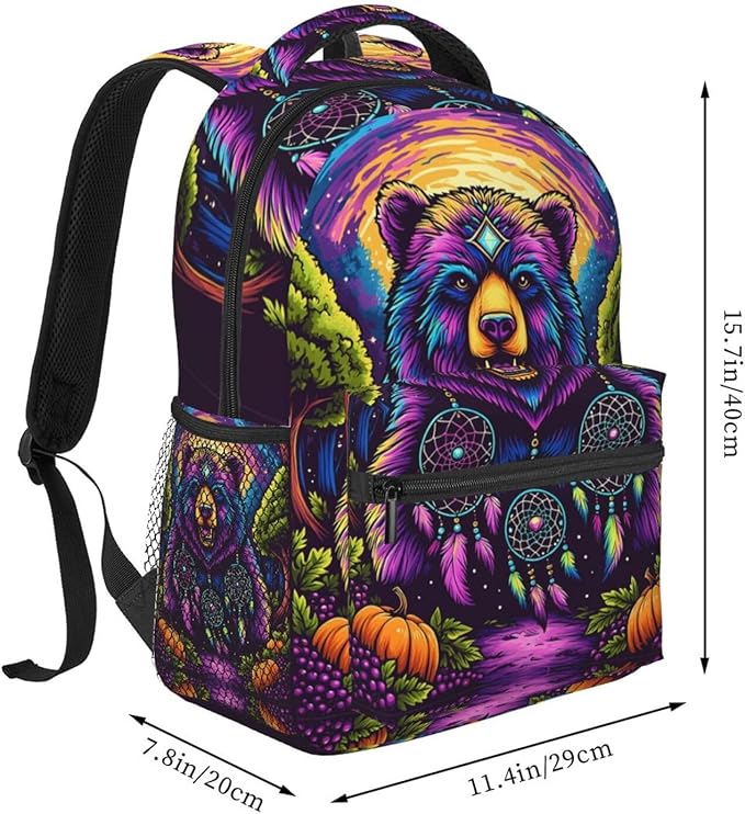 Men Women Polyester Bear Natural Landscape Psychedelic Mysterious Dreamy Art Casual Daypack Large Capacity Carry On Bag With Adjustable Shoulder Straps for Camping Work Running