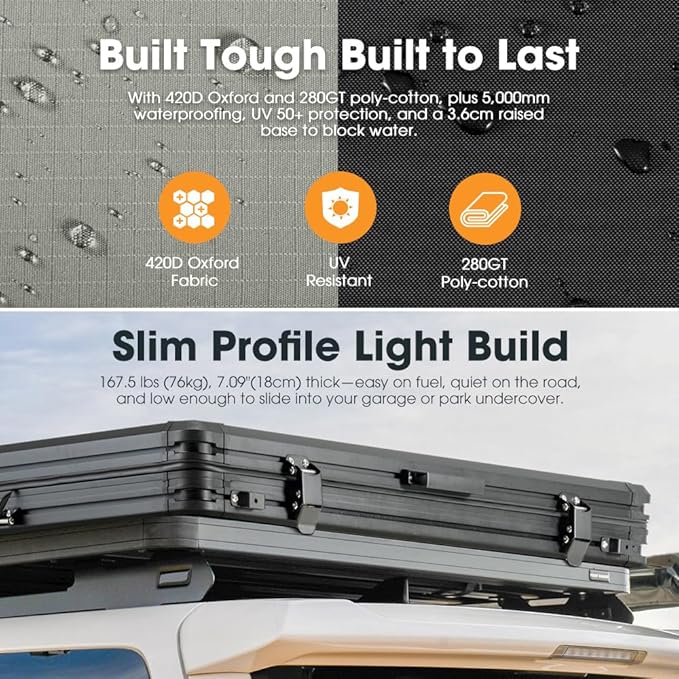SanHima Rooftop Tent Hard Shell - Gibb Overland Aluminium Roof Top Tent 360° View, w/Tri-Color LED Strip Light & 1.97” Thick Mattress, for Car SUV Truck Camping, 2-3 People