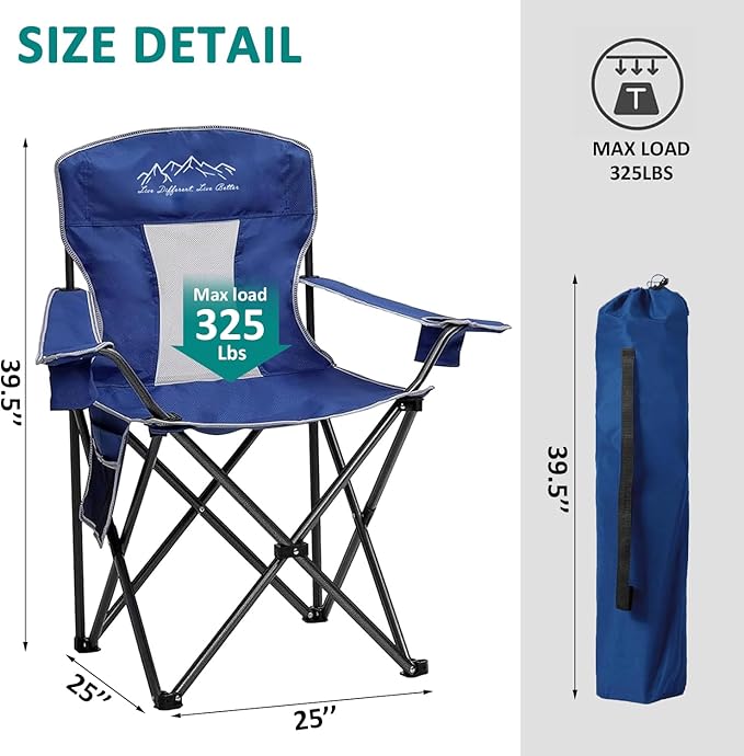 Outdoor Folding Camping Chair with Cup Holder, Storage Bag, Large Anti-Sink Feet, 325lbs Capacity, Breathable Mesh Portable Chair for Camping, Beach, Fishing, Sports, Blue