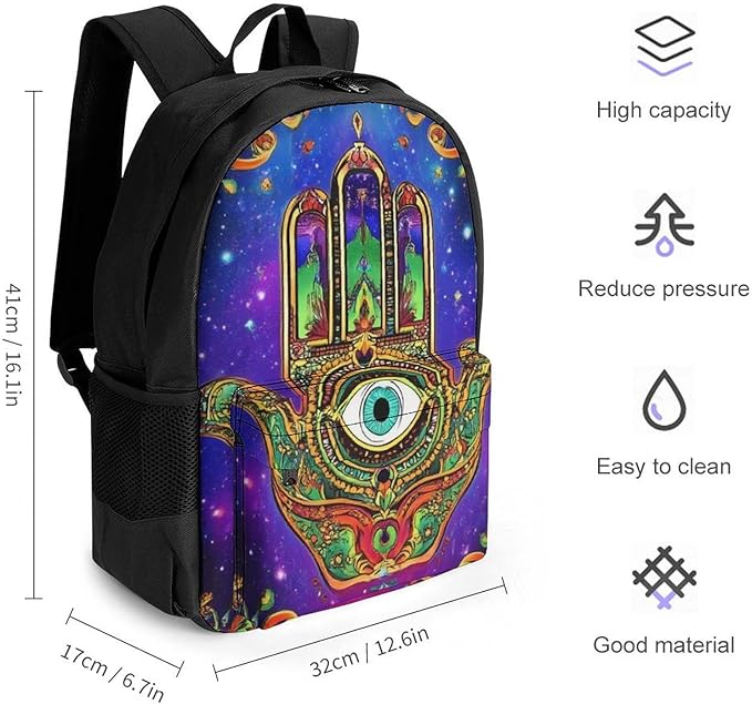 Daypack Bookbag Anti-Theft Multipurpose Large Capacity Bookbag, Colorful Eye Hamsa Hand Lotus Ethnic Indian Art Travel Hiking Camping Rucksack With Adjustable Shoulder Straps