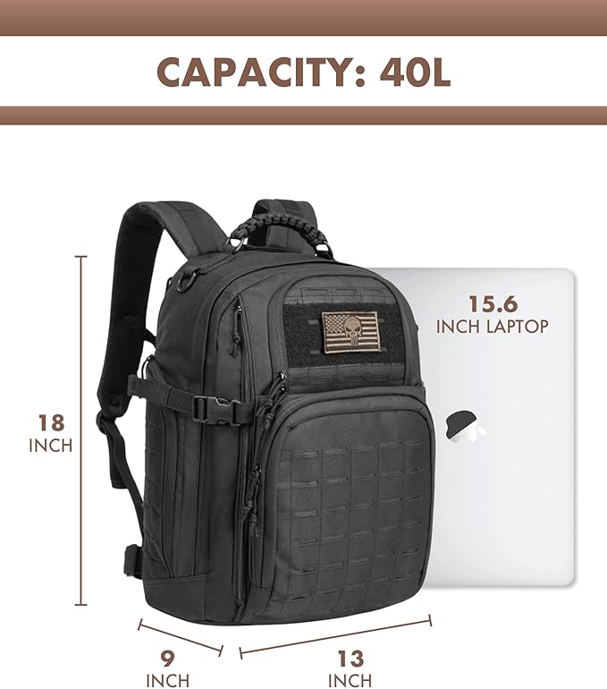 TRAILKICKER Military Tactical Backpack 40L for Men, Hiking Camping Molle EDC Daypack Army Assault Pack Lightweight Work Backpack with Water Bladder Compartment, Black