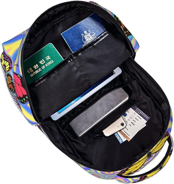 Rucksack Multipurpose Anti-Theft Big Capacity Shoulder Bag, Trippy Colorful Butterflies Art Travel Hiking Camping Rucksack With Side Pockets