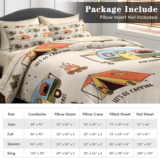 Comforter Set Twin Size, Summer Camp RV 5 Pcs Bedding for Kids and Adults, Camping Adventure Bed Sheet Sets with Fitted Sheet Pillowcase & Sham for Bedroom Bed Decor