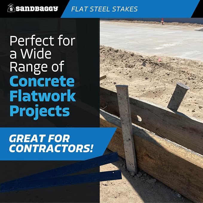 Sandbaggy Flat Steel Stakes for Concrete Forms with Nail Holes - 1.5" Wide - Painted - Removable, Reusable, V Point End - Construction Grade Stakes (100, 48 inch)
