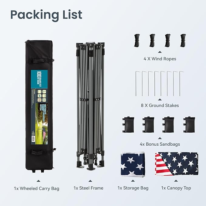 PHI VILLA 10’x10’ Pop Up Canopy Tent - One Push Setup, Instant Shade Tent with Vented Roof for Beach & Events - Includes Storage Bag, Sandbags, Stakes & Ropes (American Flag)