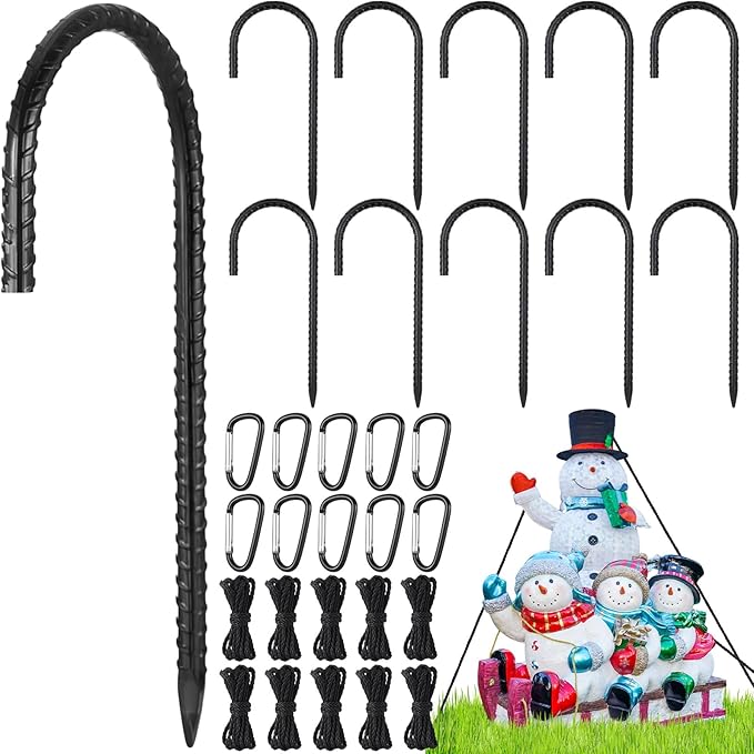 LEIFIDE 30 Pcs Christmas Inflatable Stakes Set, 6 Inch Garden Rebar Stakes Heavy Duty, 10 Ropes and 10 Hooks, Ground Anchors Black Chain Link Fence Stake for Camping Tents Outdoor Garden(J Hook)