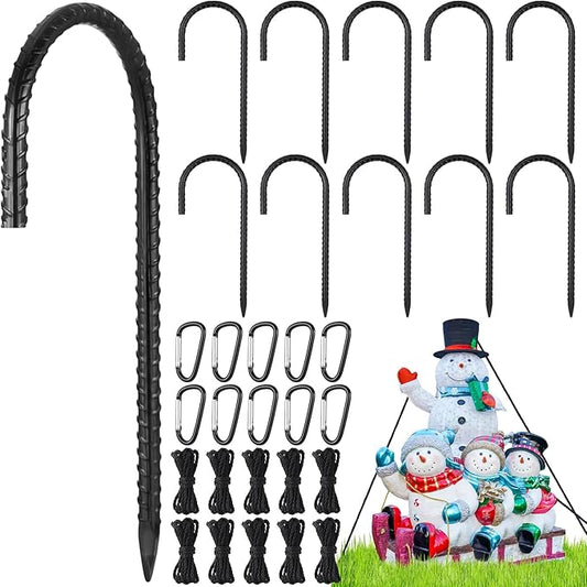 LEIFIDE 30 Pcs Christmas Inflatable Stakes Set, 6 Inch Garden Rebar Stakes Heavy Duty, 10 Ropes and 10 Hooks, Ground Anchors Black Chain Link Fence Stake for Camping Tents Outdoor Garden(J Hook)
