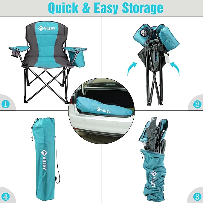 VILLEY Camping Chair, Oversized Folding Camp Chair, Portable Outdoor Chairs Support 400 LBS with Padded Seats, Cooler Bag, Cup Holder, Carry Bag, Blue