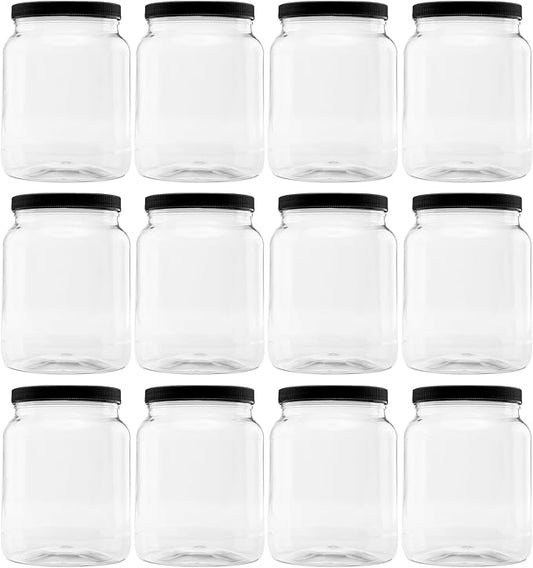 Plastic Storage Jars with Leak Proof Lids, BPA Free, Hand Wash Only (64oz, 12PK Black)