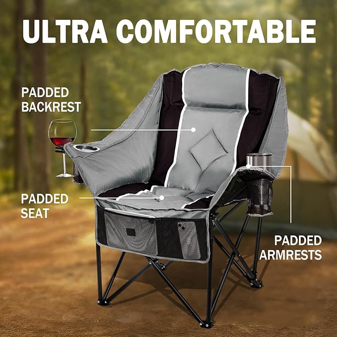 Oversized Camping Chairs Extra Wide 400lbs Capacity, Heavy Duty Folding Outdoor Chair with 2 Cup Holder & Storage Pocket, Padded and Portable Lawn Chair for Adults, Camp, Fishing, Tailgating, Picnic