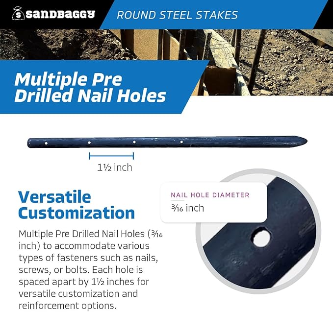 Sandbaggy Round Steel Concrete Form Stakes with Nail Holes - Rust Resistant Coating - Removable, Reusable (20, 3/4 in X 18 in)